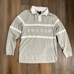 Nike Shirt Mens‎ Small Gray White SWOOSH Polo Rugby Spell Out Cotton Adult Y2K
